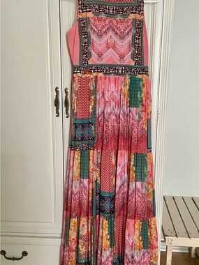Anthropologie Coral Pink Multi-Print Boho Maxi Dress